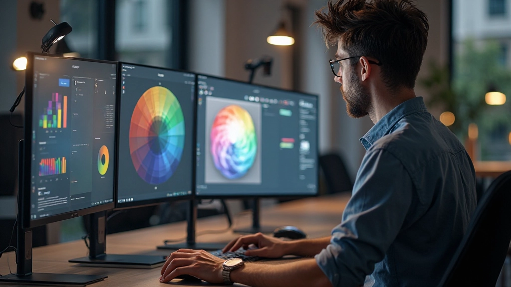 Kleurenwiels en RGB-spectrumvisualisatie op computerscherm met designertools