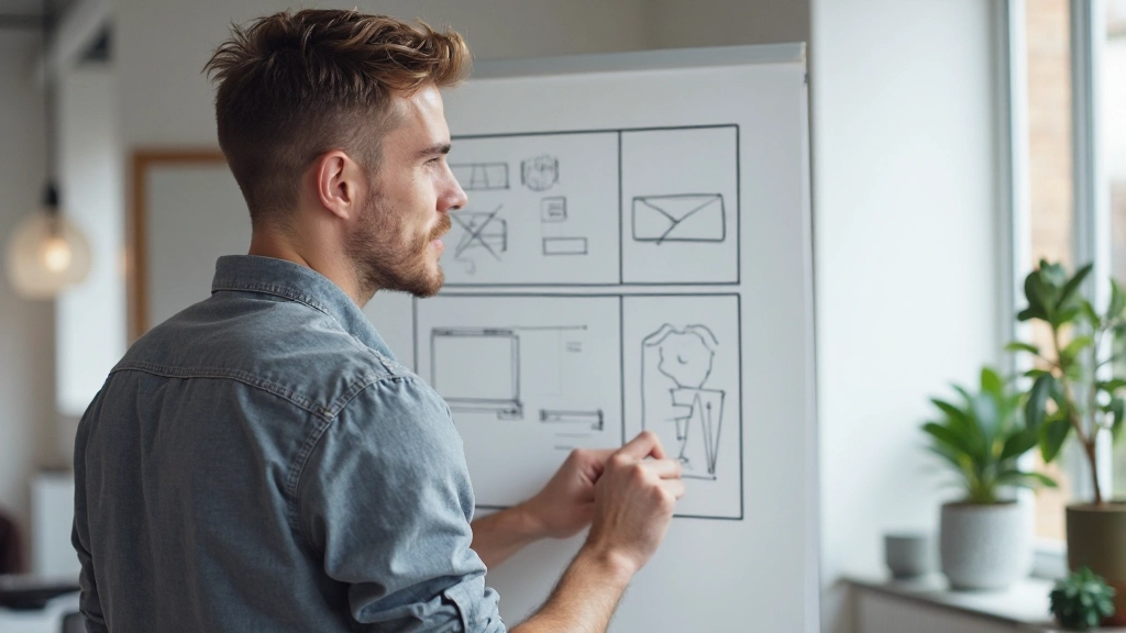 Designer schetst wireframe op whiteboard in moderne designstudio