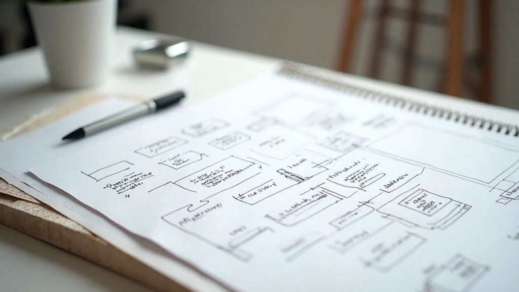 Papieren wireframe prototype met annotaties en notities op designtafel